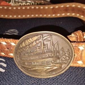 Vintage 70s hand tooled Textan cowboy belt brass ship buckle personalized JOHN